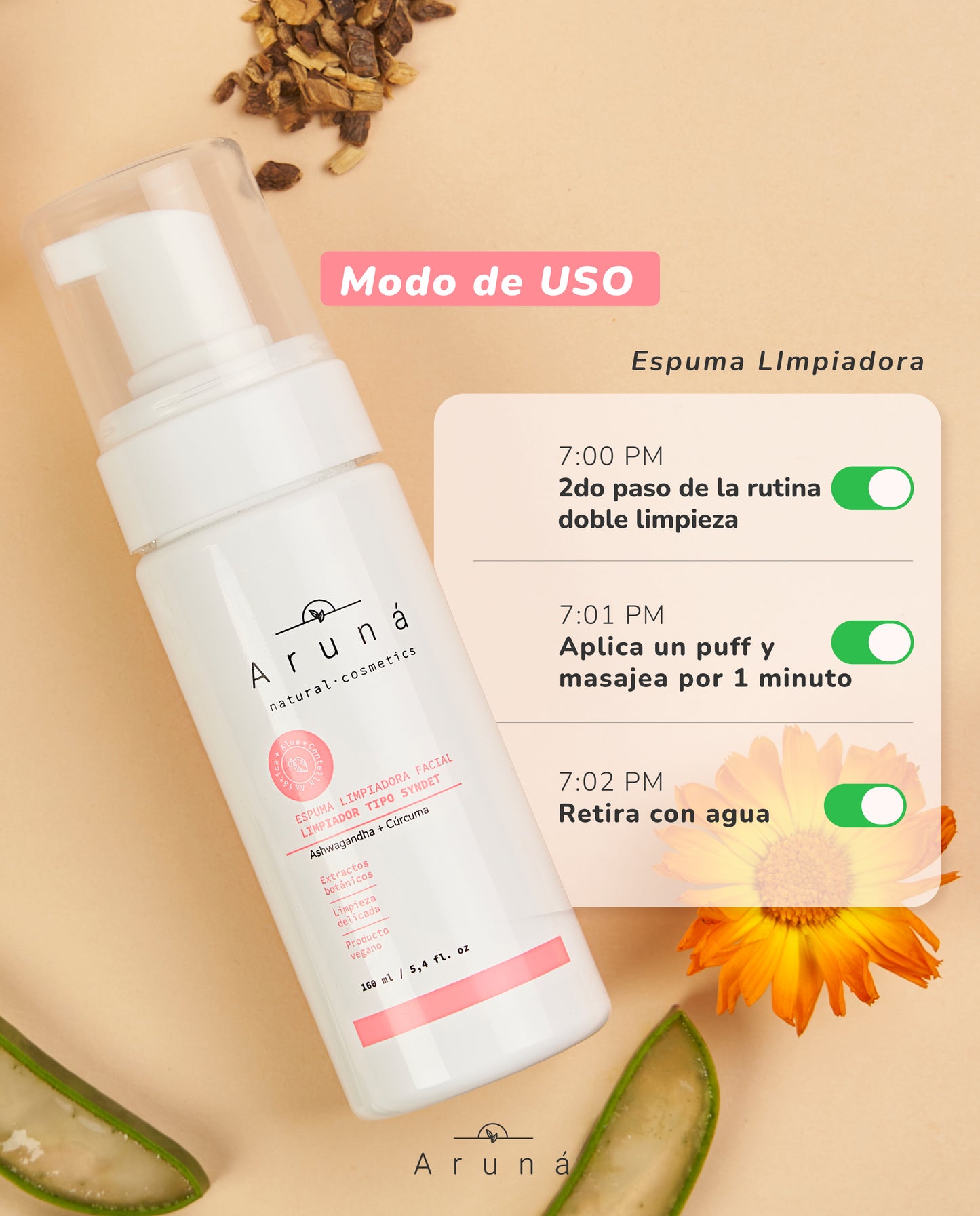 Espuma Limpiadora Facial Ashwagandha + Cúrcuma Aruná